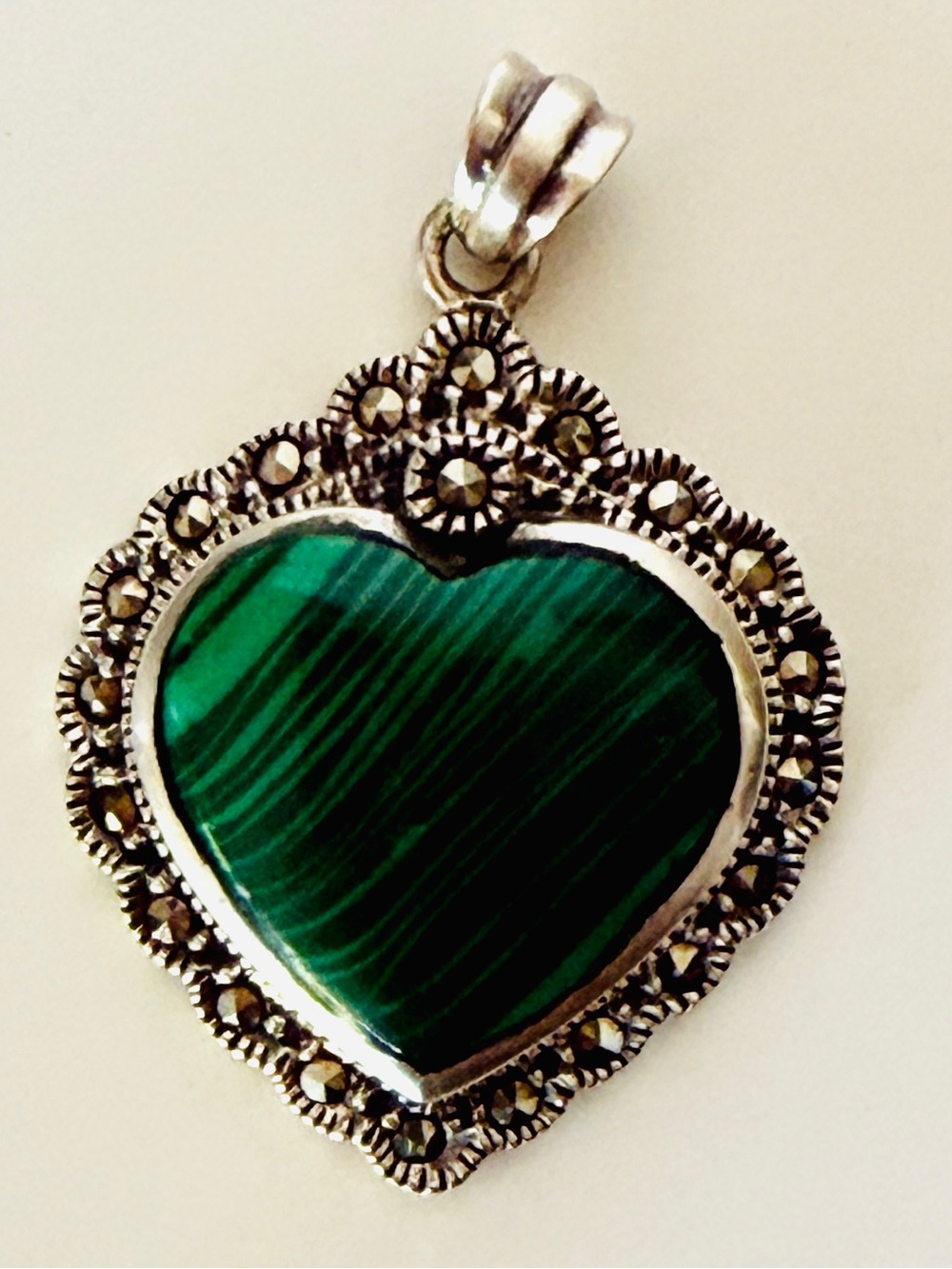 Vintage 925 Sterling Silver Malachite Heart Pendant with Marcasite Jewelry